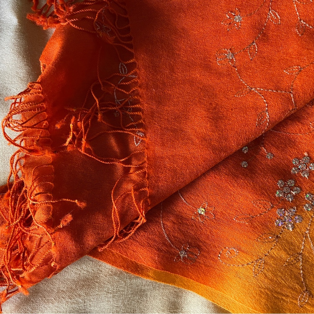Ombre Pashmina Orange Creamsicle Shawl Fine Wool Beaded Embroidery Fringe Scarf - Picture 2 of 7